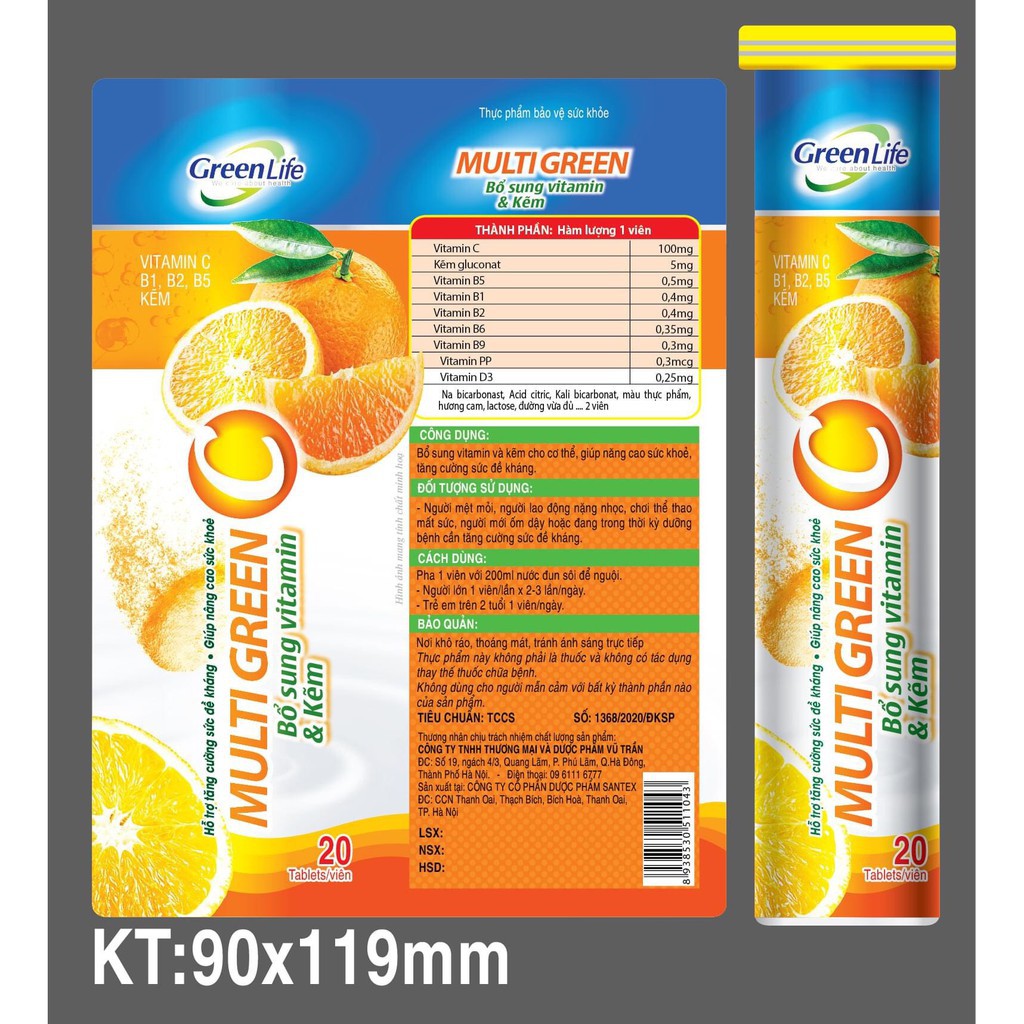Viên Sủi MULTI GREEN vị Cam, vị Chanh Leo -  Bổ Sung Vitamin Và Khoáng Chất Cho Cơ Thể - Lọ 20 Viên