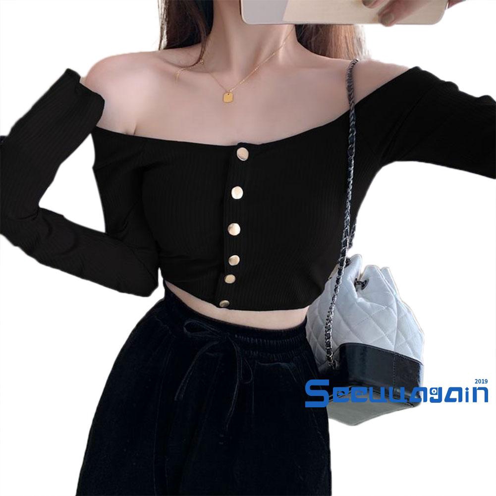 Áo croptop trễ vai tay dài phong cách thời trang quyến rũ