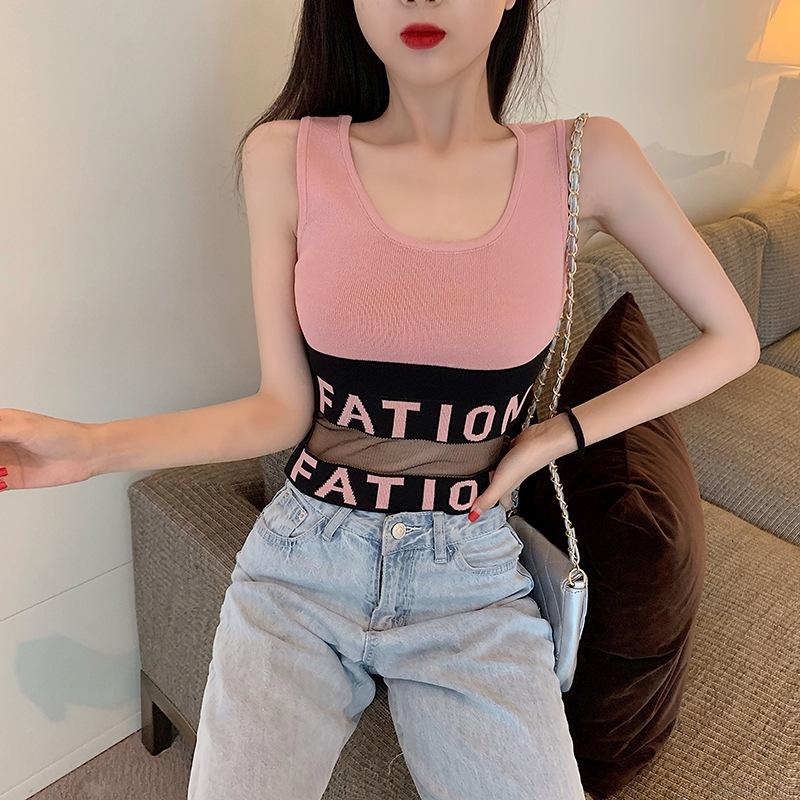 [Baywellfashion]Open Navel Mesh Splicing Knitted Camisole Sleeveless Top | BigBuy360 - bigbuy360.vn