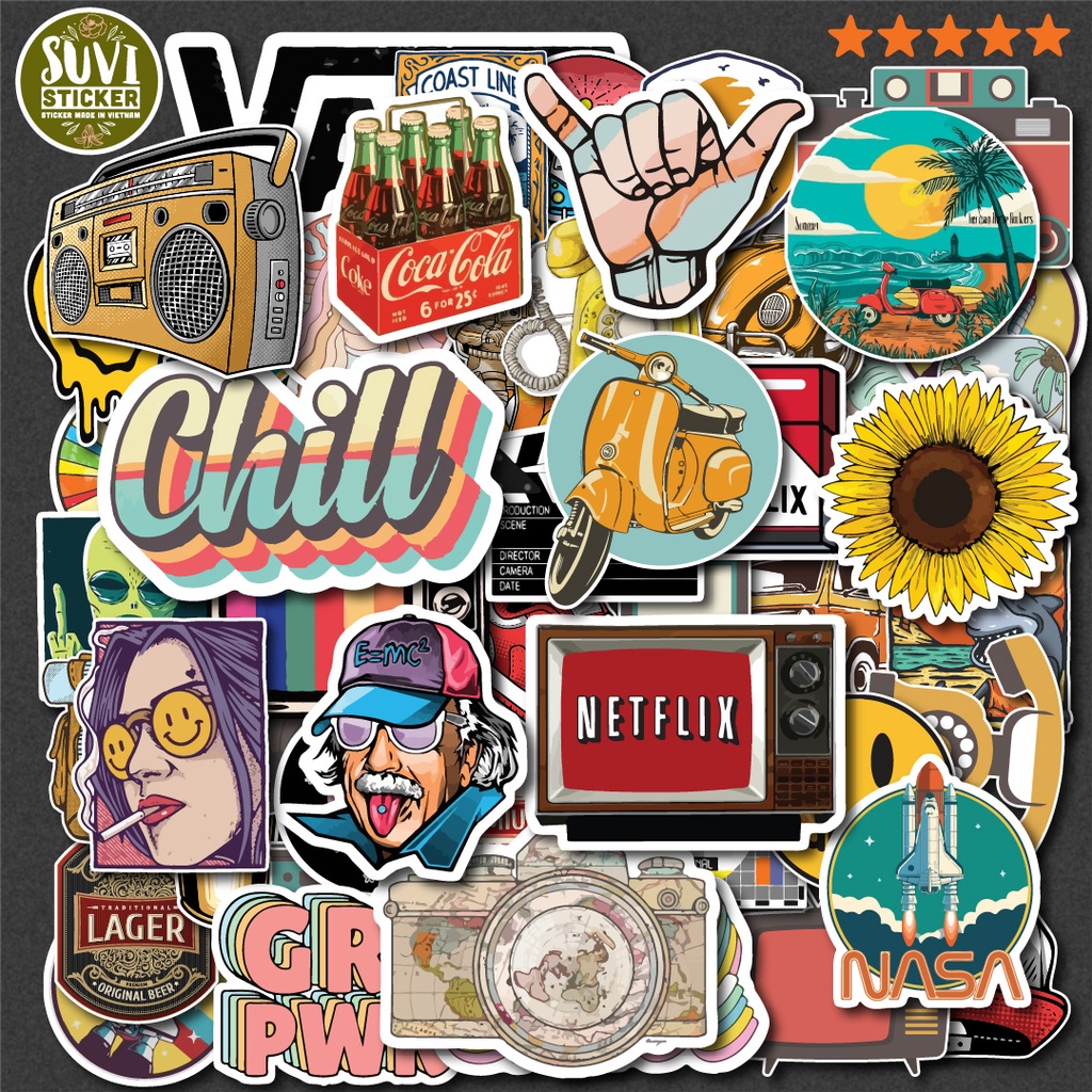 50 Sticker Vintage Mix chống nước sticker dán mũ bảo hiểm, laptop, điện thoại, đàn guitar, vali. MSP: SV33