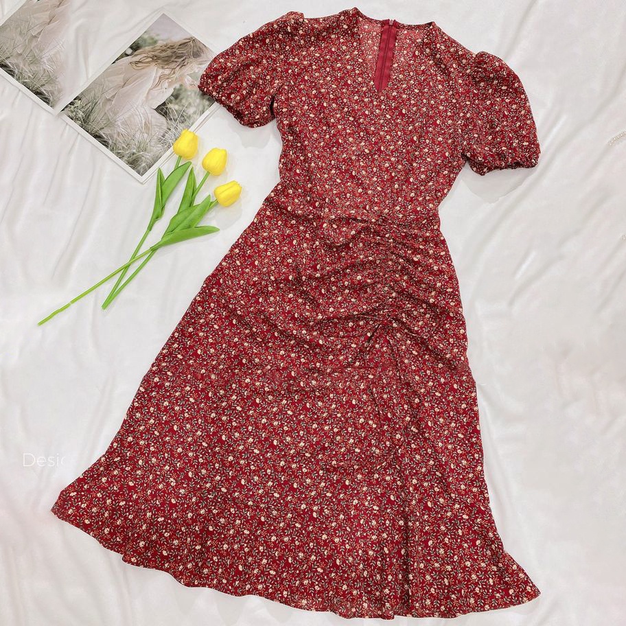 Váy hoa nhí tay bồng đuôi cá thiết kế GIIAN, đầm nữ công sở ngắn tay cổ V rút dây dáng dài G-V2156-4