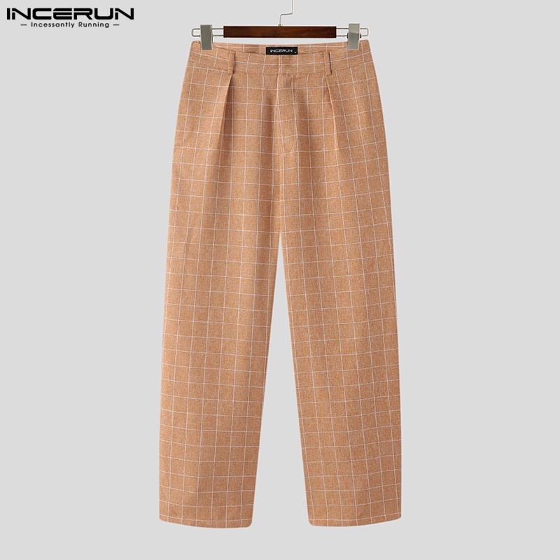 Quần dài INCERUN ống rộng họa tiết kẻ ô vuông thời trang