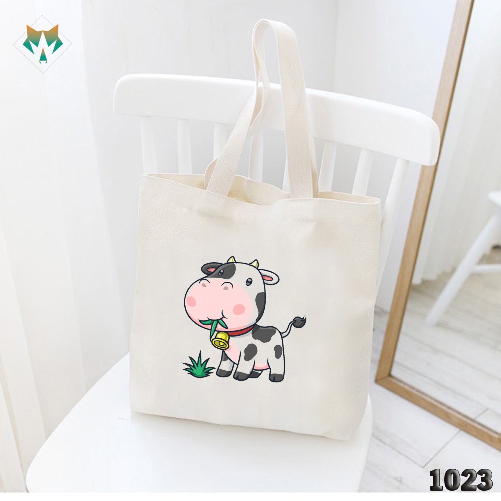 TÚI TOTE TRẮNG CHẤT VẢI CANVAS 1023 486 BÒ SỮA ĂN CỎ DỄ THƯƠNG HÀNG CHUẨN ĐẸP