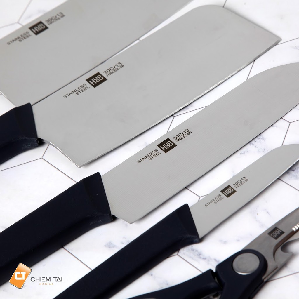 Bộ 6 món dao kéo bằng thép không gỉ kèm chân đế Huohou
