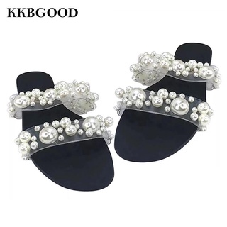 Dép Nữ Đế Thấp Quai Ngang Đính Ngọc Trai Thời Trang