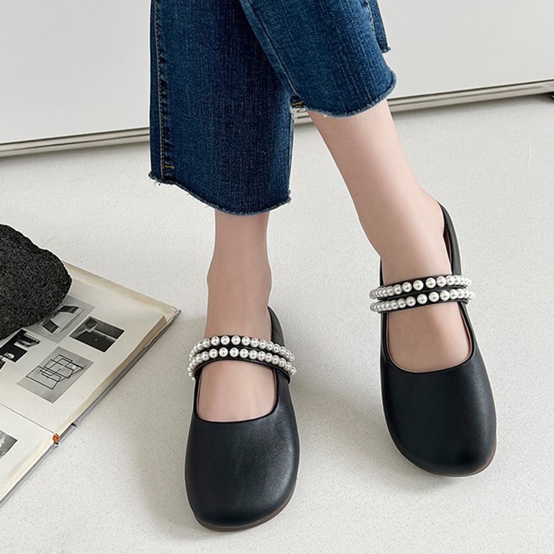 Dép bít mũi IELGY đế bằng đính ngọc trai giả màu trơn đơn giản thời trang cho nữ