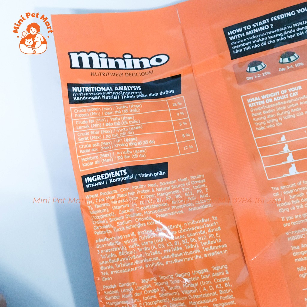 Thức ăn hạt cho mèo trưởng thành và mèo con MININO 480g - Vị cá ngừ