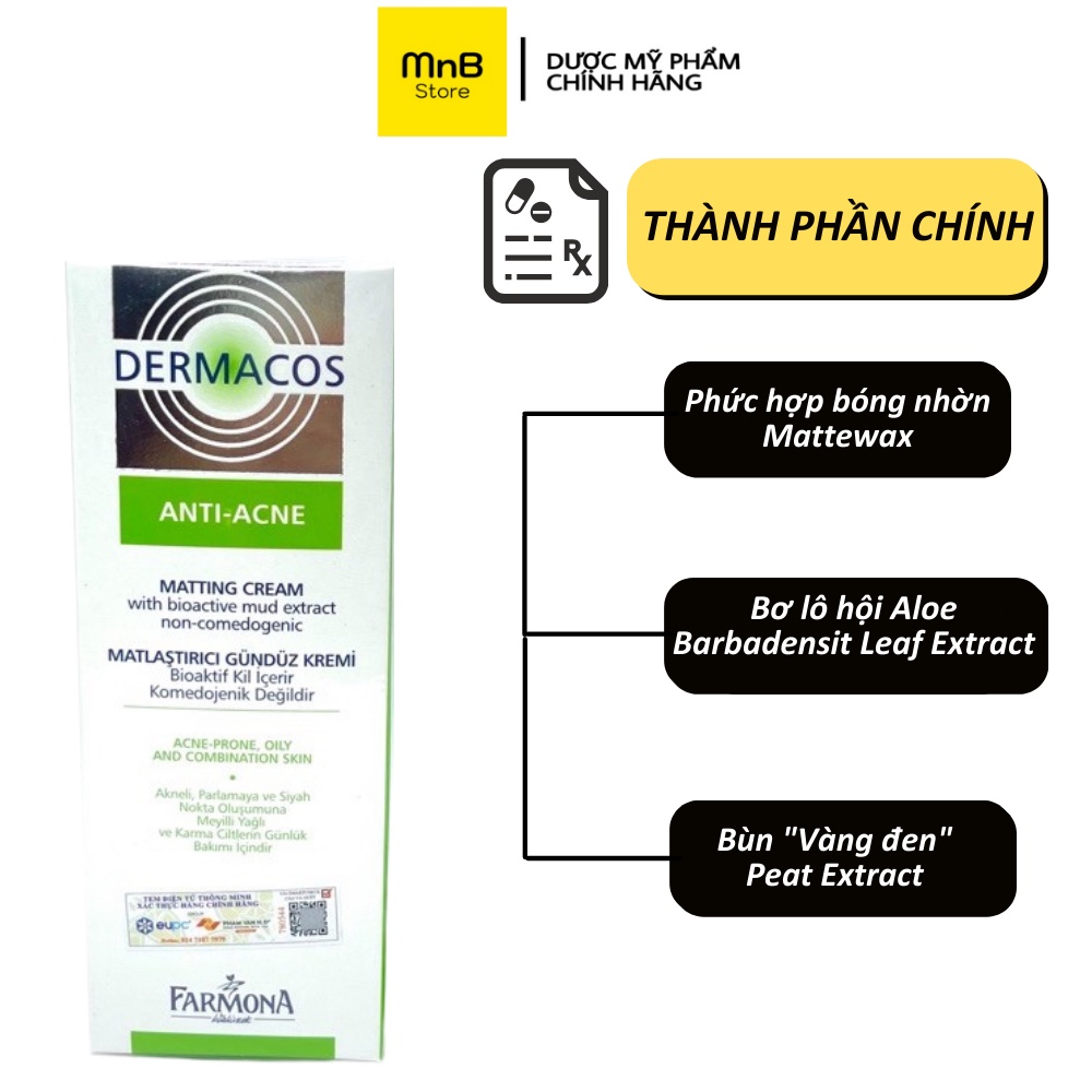 Kem dưỡng ẩm Dermacos Anti-Acne Matting Cream kiểm dầu, ngừa mụn cho da bóng dầu 50ml
