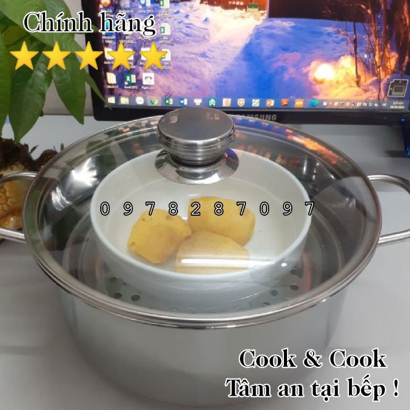 [CHÍNH HÃNG] Vỉ hấp inox cách thủy size 20, 22, 24 cm có chân đế, xửng hấp chính hãng Vietcook