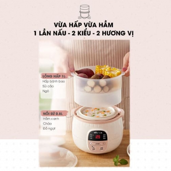 Nồi nấu cháo chậm, ninh hầm cách thủy Bear DDZ-B08C1 dung tích 0.8L Kèm Lồng Hấp 1L Hàng chính hãng