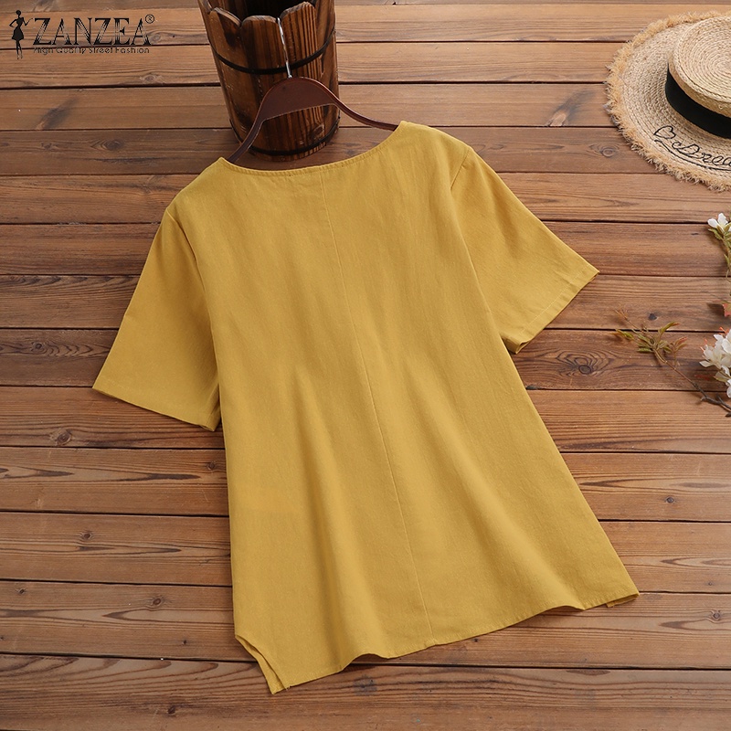 ZANZEA Áo Thun Nữ Ngắn Tay Cổ Tròn Vạt Không Đều Thời Trang