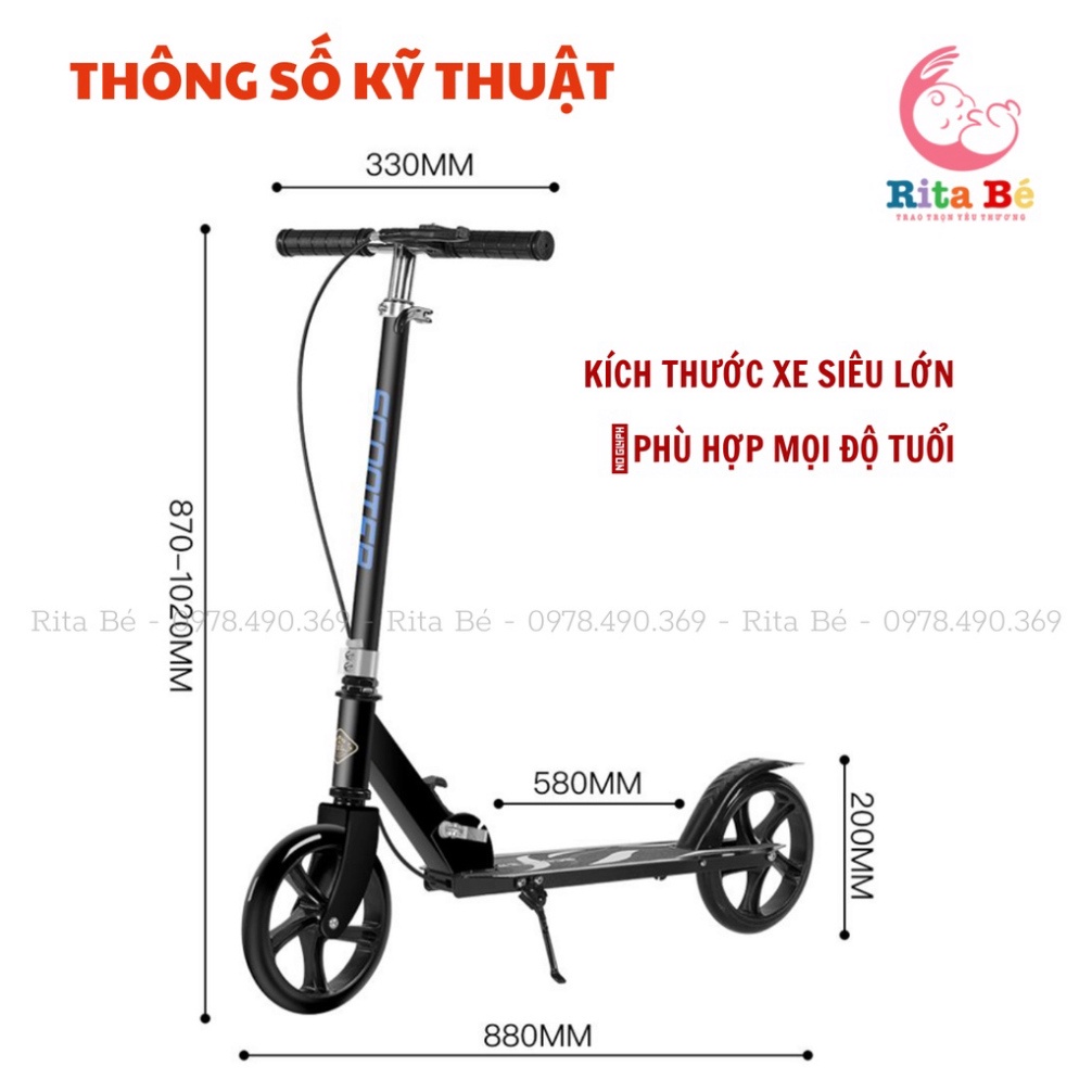 Xe scooter cỡ lớn, có phanh tay,chân chống chịu tải đến 150kg cho thiếu niên và người lớn