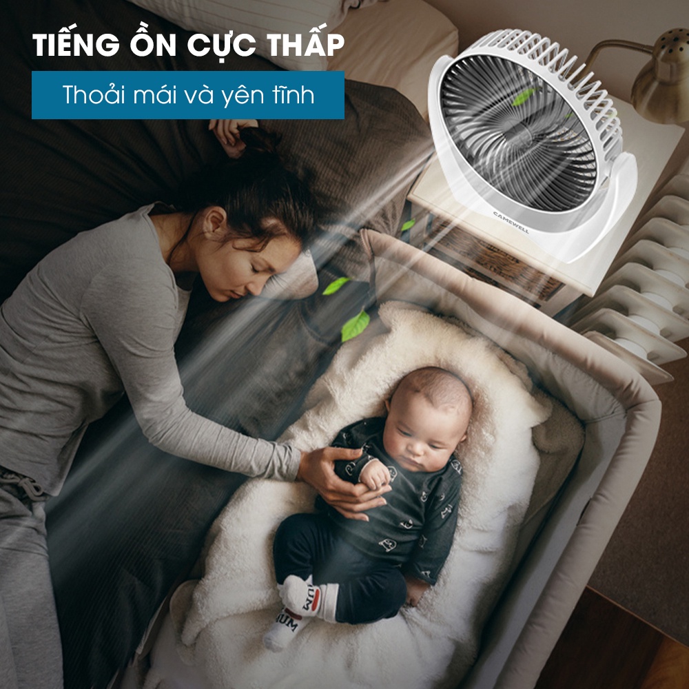 Quạt mini tích điện để bàn CameWell động cơ không tiếng ồn, xoay linh hoạt 210 độ, cổng sạc USB C201F