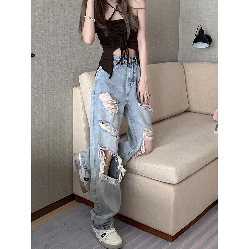 Jiashucheng Quần Denim Ống Rộng Rách Gối Thời Trang Mùa Hè Phong Cách Hàn Quốc Cho Nữ