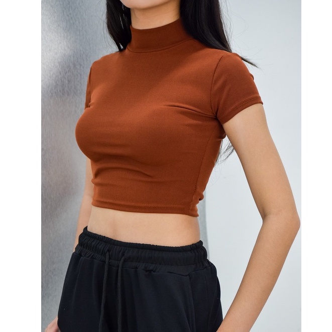 Áo thun croptop tay ngắn cổ cao The Kim, áo baby tee thun tăm trơn A124