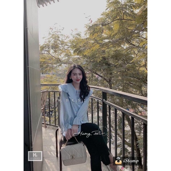 Áo Sơ Mi Cổ Bèo Kẻ Xanh Áo Kiểu Nữ Hàn Quốc Tay Phồng Bánh Bèo Tiểu Thư Form Rộng Cúc Ngọc Siêu Hot