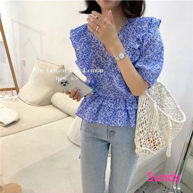 Áo Croptop Tay Phồng In Họa Tiết Hoa Phong Cách Retro Nữ Tính