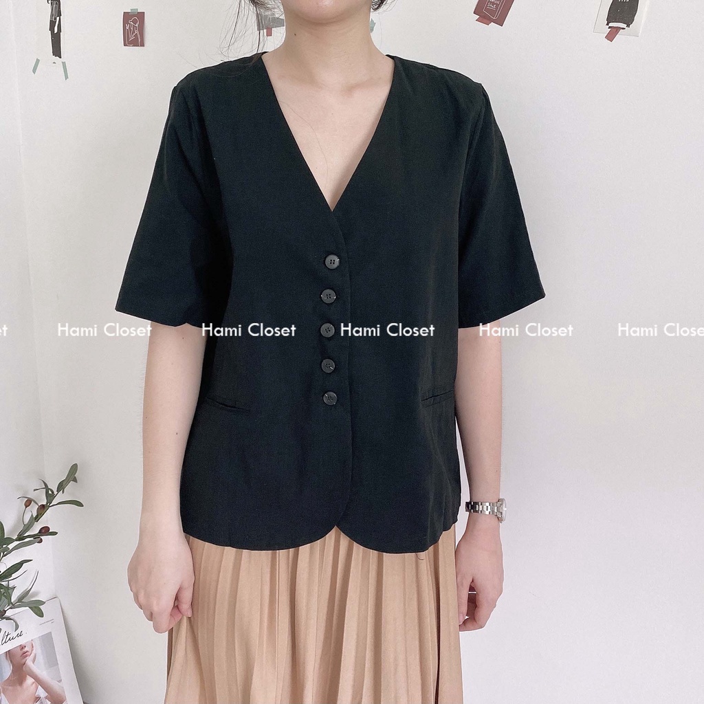 Áo linen cài cúc cổ V tay cộc phong cách Hàn quốc nhẹ nhàng hai màu đen be AOD18