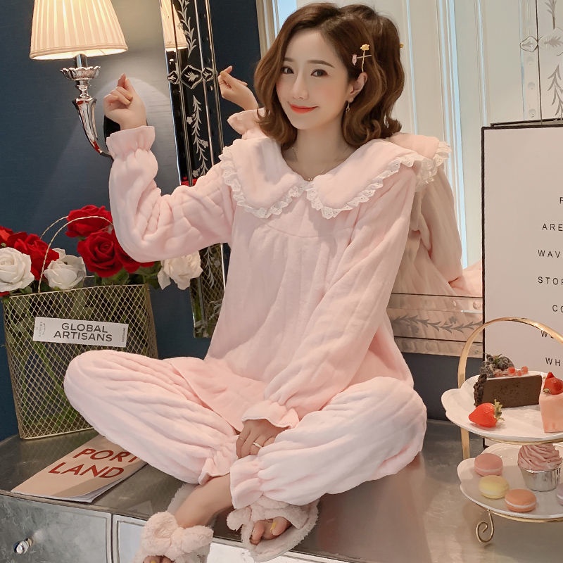 Bộ đồ mặc nhà vải dạ dày dặn phong cách công chúa thời trang thu đông giữ ấm cho nữ