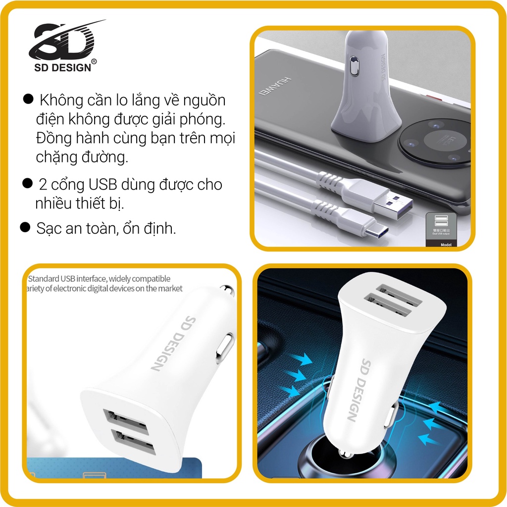 Tẩu sạc ô tô 2 cổng USB cao cấp V35 tương thích rộng rãi với nhiều loại thiết bị điện tử chính hãng SD Design