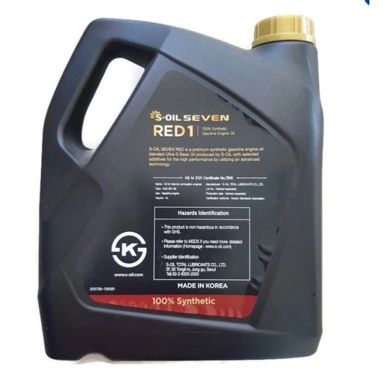 Dầu nhớt tổng hợp dành cho xe ô tô chạy xăng S-oil 7 RED1 5W-30 API SN, ILSAC GF-5 4L (Hàn Quốc)