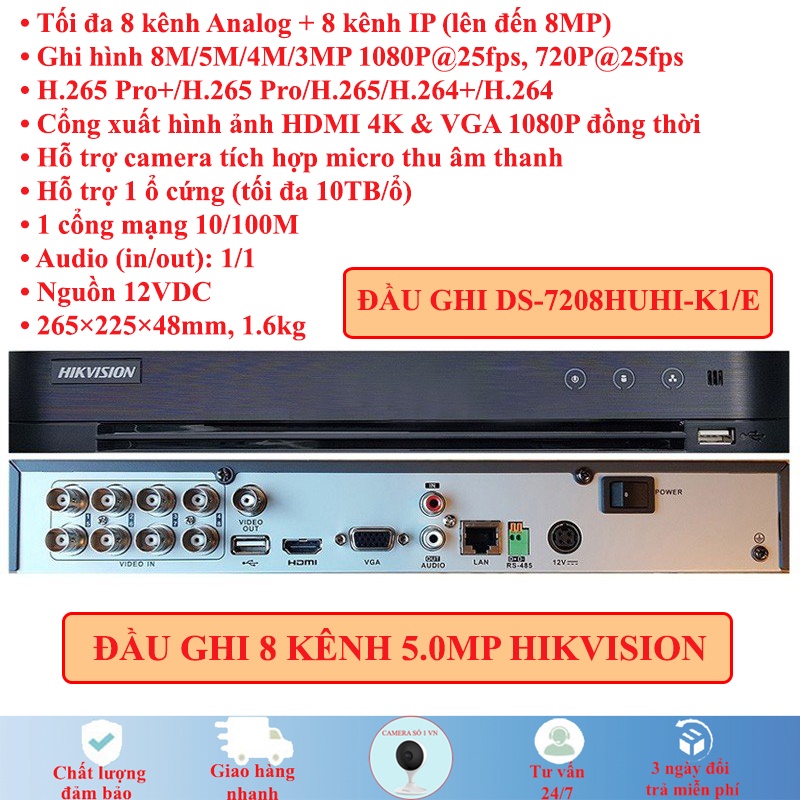 Trọn Bộ Camera Hikvision 5/6/7/8 Mắt 5MP Chính Hãng tích hợp Mic, Ổ Cứng Tùy Chọn Full phụ kiện lắp đặt