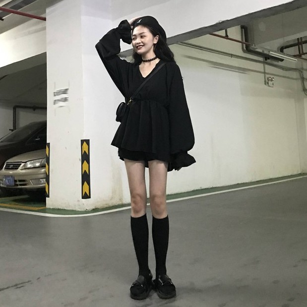 Xiaozhainv Váy tay dài bằng cotton cổ chữ V phong cách Hàn Quốc hợp thời trang cho phái nữ | BigBuy360 - bigbuy360.vn