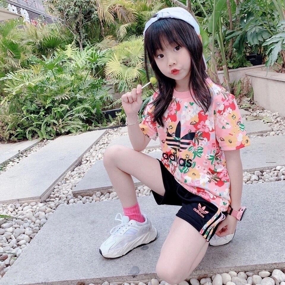 ADIDAS Set Áo Thun Ngắn Tay Và Quần Dài In Hoa Thời Trang Cho Bé Gái