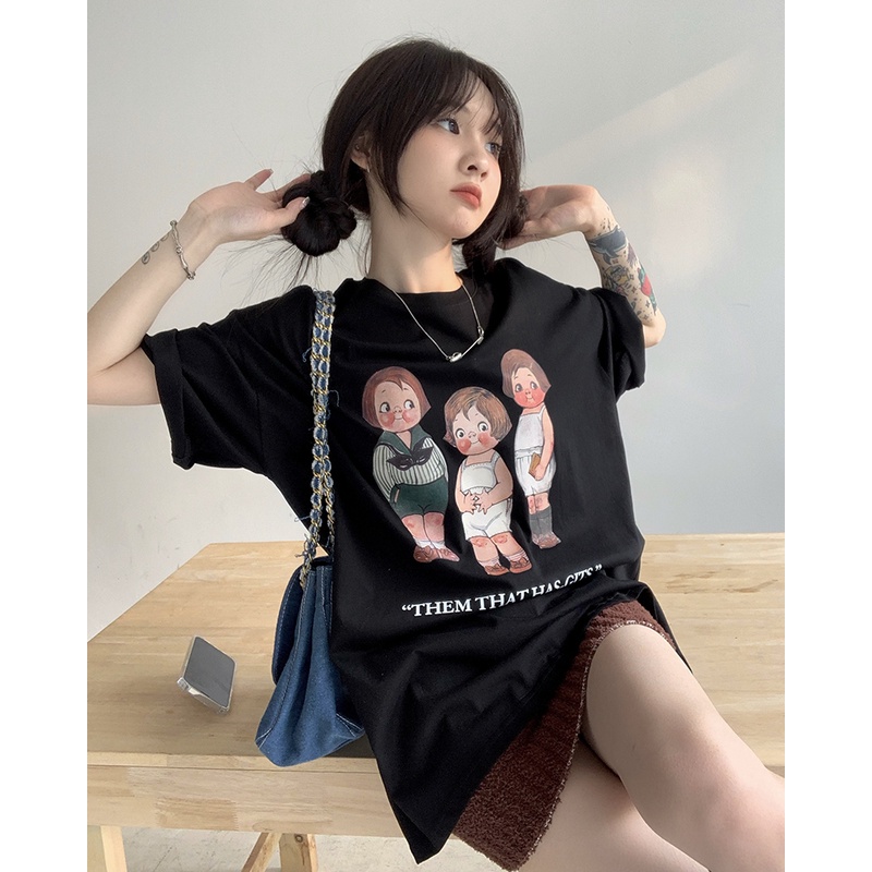 Áo Thun T-Shirt Tay Ngắn Cổ Tròn In Họa Tiết Thời Trang Phong Cách Hàn Quốc Cho Nữ