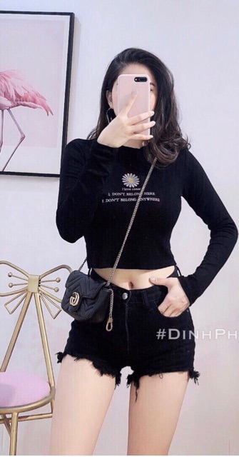 Áo thun lụa thêu bông cúc, Áo croptop dài tay nữ - Colory shop
