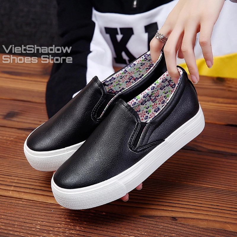 Slip on da nữ - Giày lười da nữ đế bánh mì - Da PU màu (trắng) và (đen) đế trắng - Mã SP: D16/803