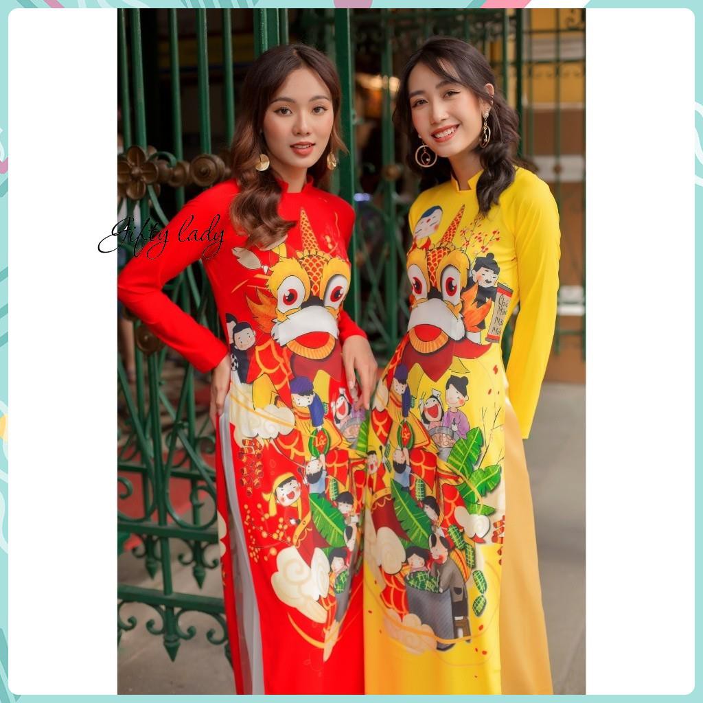 Áo dài truyền thống nữ đỏ vàng cổ cao hở vuông vải lụa hoạ tiết lân tết khai trương có nhiều size | BigBuy360 - bigbuy360.vn