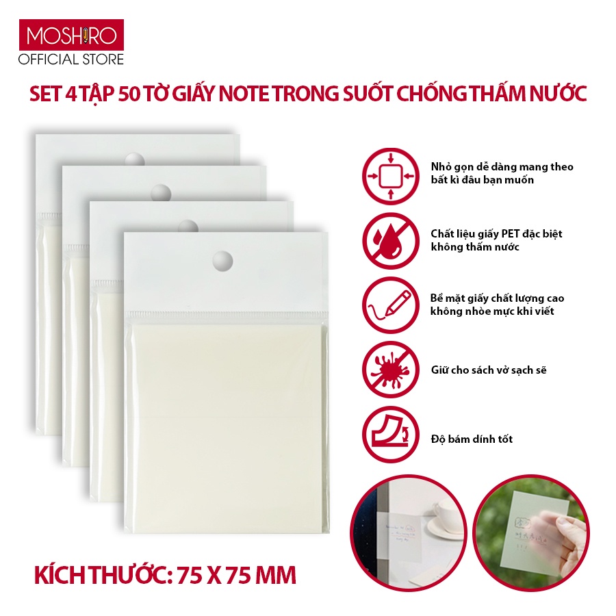 Set 4 Tập 50 Tờ Giấy Note Ghi chú trong suốt Moshiro chống thấm nước tiện dụng trong học tập,văn phòng phong cách Nhật