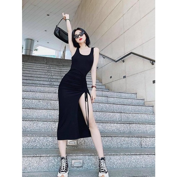 đầm body sát nách dây rút ( len tăm )