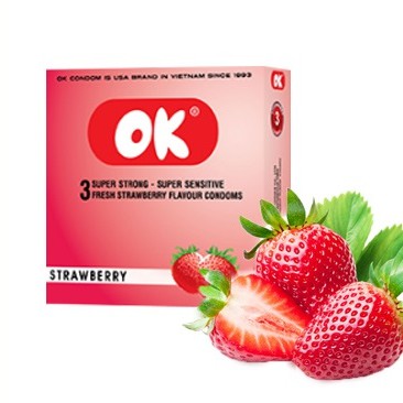Bao cao su hương dâu tây cao cấp OK Strawberry - hộp 3 chiếc