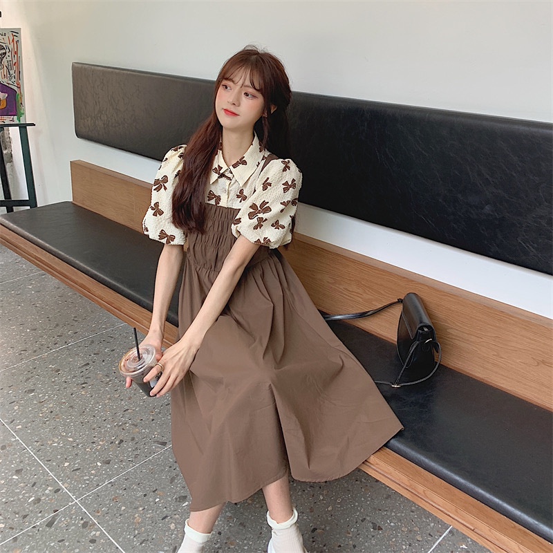 Váy yếm baby doll ⚡ ẢNH THẬT⚡cổ sơ mi họa tiết nơ xinh xắn
