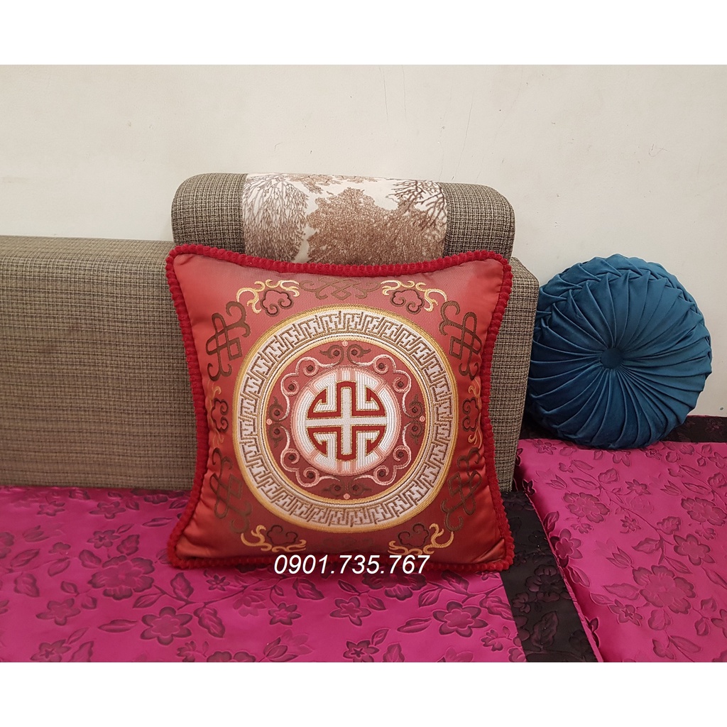 Gối tựa lưng Sofa Vải Gấm đẹp, Gối tựa thêu 48x48cm