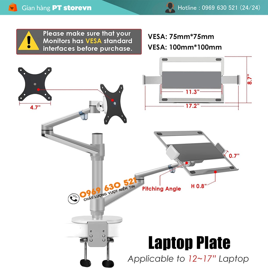 Giá Treo Màn Hình 17-32Inch-Hợp Kim Nhôm Cao Cấp / Laptop 11 -17.3Inch / Tablet &amp; Điện Thoại 4.5 - 13Inch - Model OL-3T