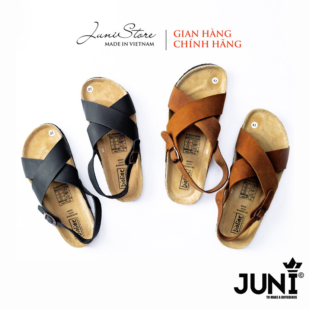 [DA BÒ THẬT] D11-Dép Sandal da bò quai chéo Birken Bioline Unisex (Đế trấu) – Juni Store