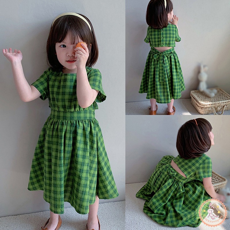 Đầm Công Chúa Mùa Hè Dáng Chữ A Tay Ngắn Họa Tiết Kẻ Sọc Caro Ngọt Ngào Phong Cách Hàn Quốc Cho Bé Gái