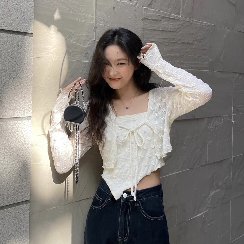 [Sẵn] SET ÁO REN 2 DÂY VẠT CHÉO (ảnh thật)