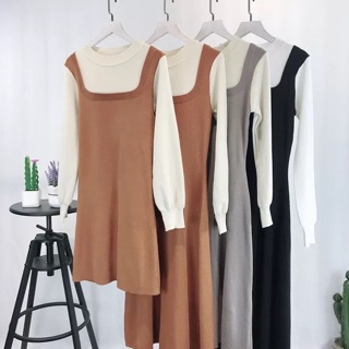 Set váy yếm len + áo len tay bồng ( kèm ảnh thật )