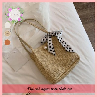 Túi Cói Đi Biển💖FREESHIP💖Túi Cói Đi Biển Thắt Nơ Phối Dây Da Phong Cách Vintage Mẫu Mới Năm 2020