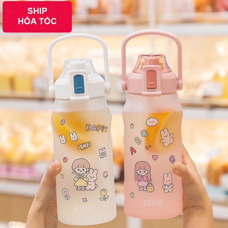 Bình Nước 2L Dễ Thương Có Vạch Báo Giờ Uống Nước Mẫu Siêu Trend Tặng Kèm Sticker 2D và 3D
