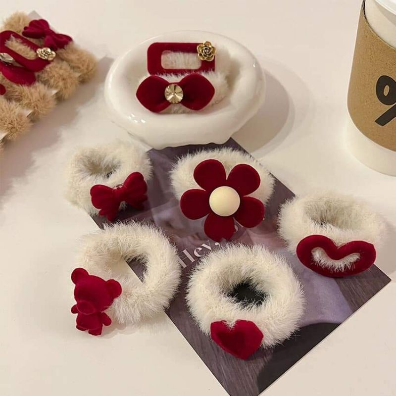 Dây buộc tóc cute cho mẹ v bé - dây buộc tóc lông gắn hình đó may mắn - đẹp - sang trọng