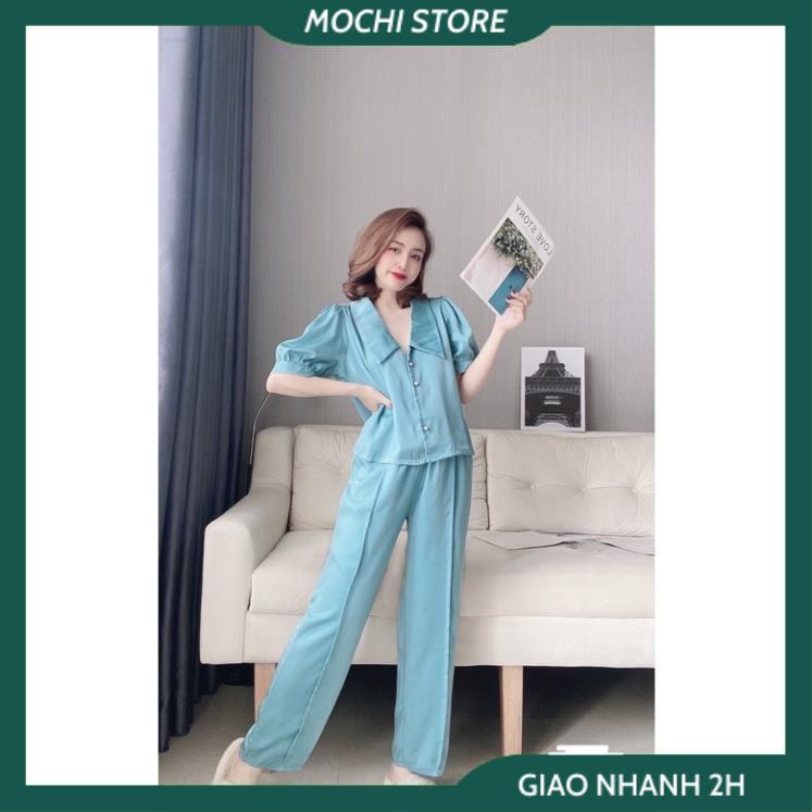 Bộ Ngủ, Đồ Ngủ Lụa Satin Áo Cổ Sen Tay Cộc Quần Dài Màu Trơn Chất Lụa Satin Cao Cấp Thời Trang Mặc Nhà Sang Chảnh. | BigBuy360 - bigbuy360.vn