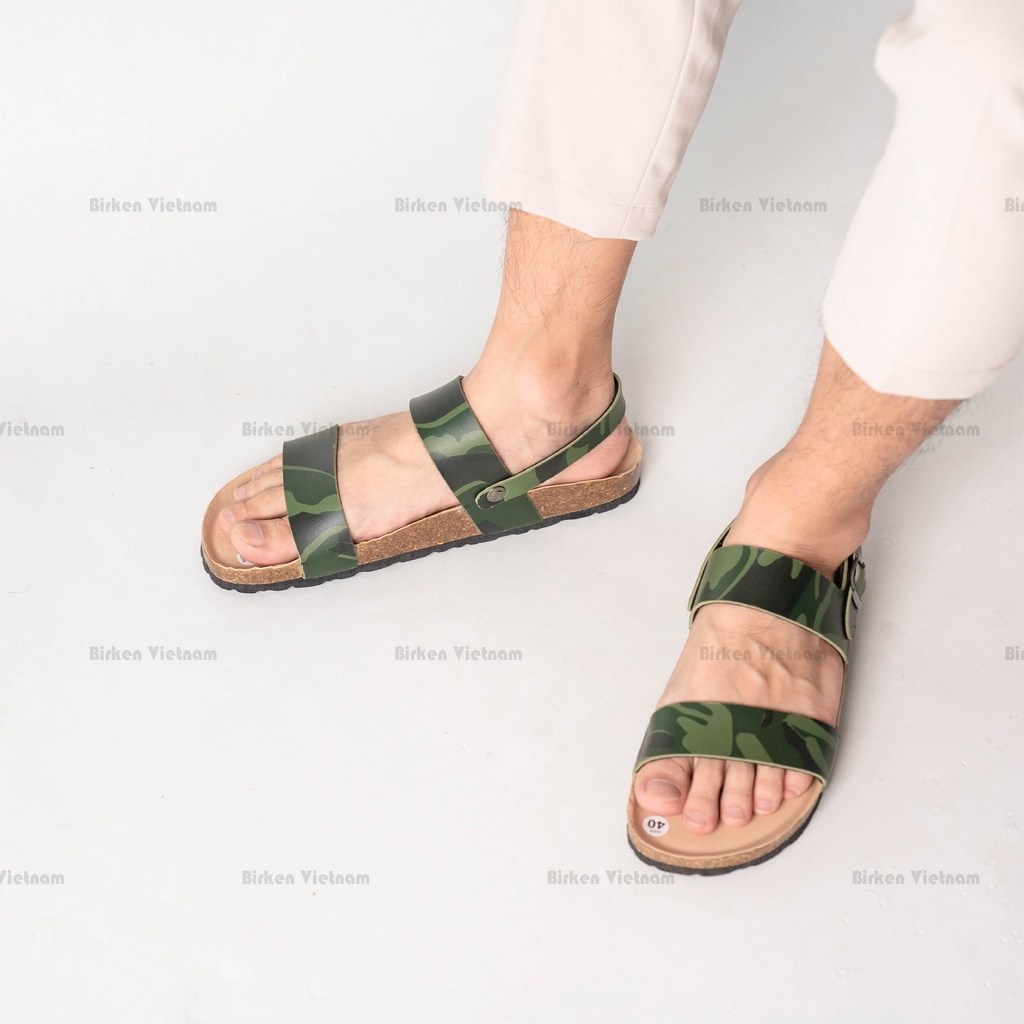 Mã R15 Sandal ĐẾ TRẤU Da PU Camo Rằn Ri Hai Quai Ngang Unisex Birken Vietnam Bioline