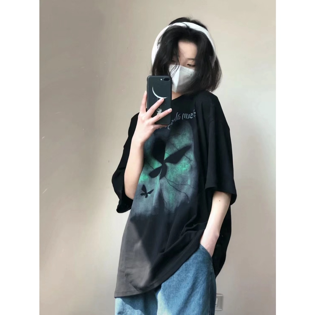 Áo Thun Tay Ngắn Cổ Tròn Dáng Rộng Vải Cotton Màu Đen In Hình Bướm Thời Trang Cho Nam Và Nữ