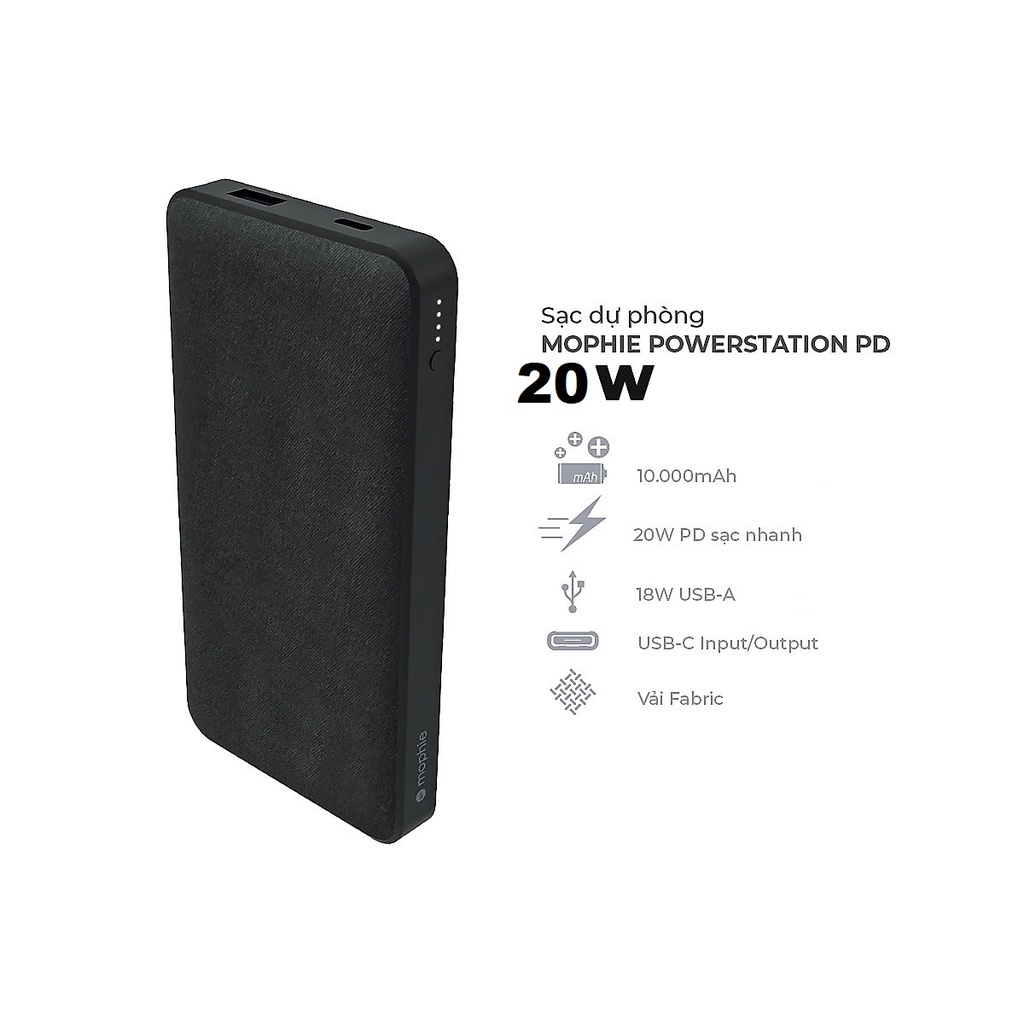 Sạc dự phòng mophie powerstation 10000 mAh USB-C 20W USB-A 18W - Chính hãng hỗ trợ sạc nhanh cho iphone samsung android
