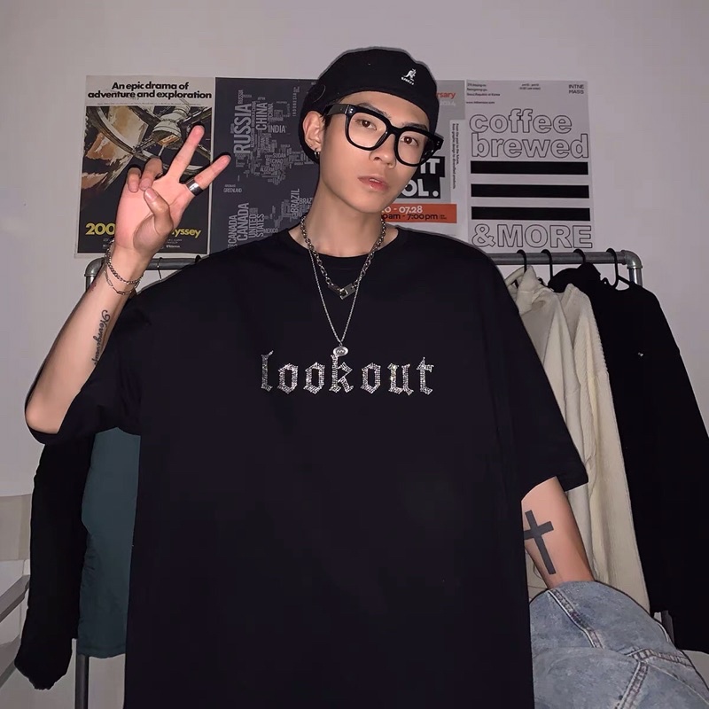 Áo phông nam T-shirt / áo thun tee form rộng oversize chữ look out đính đá Ulzzang siêu đẹp